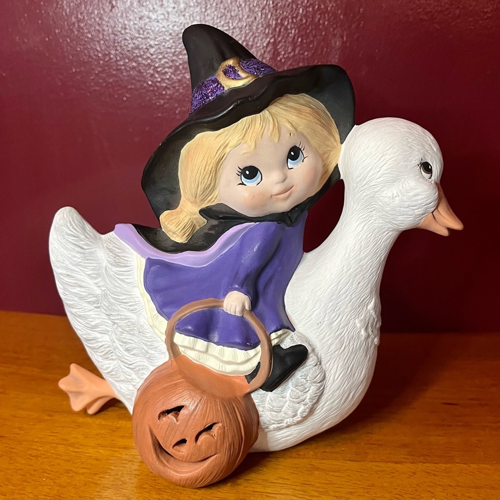 Vintage large Halloween Figurine Blonde Girl Witch Duck Ceramic Hand Painted